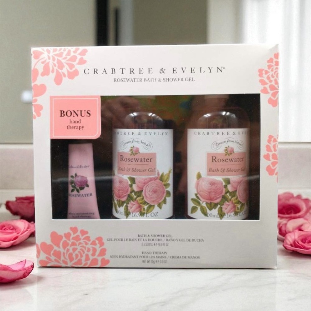 Crabtree & Evelyn Rosewater Bath Shower Gel 2 Pack and Bonus Hand Therapy Lotion